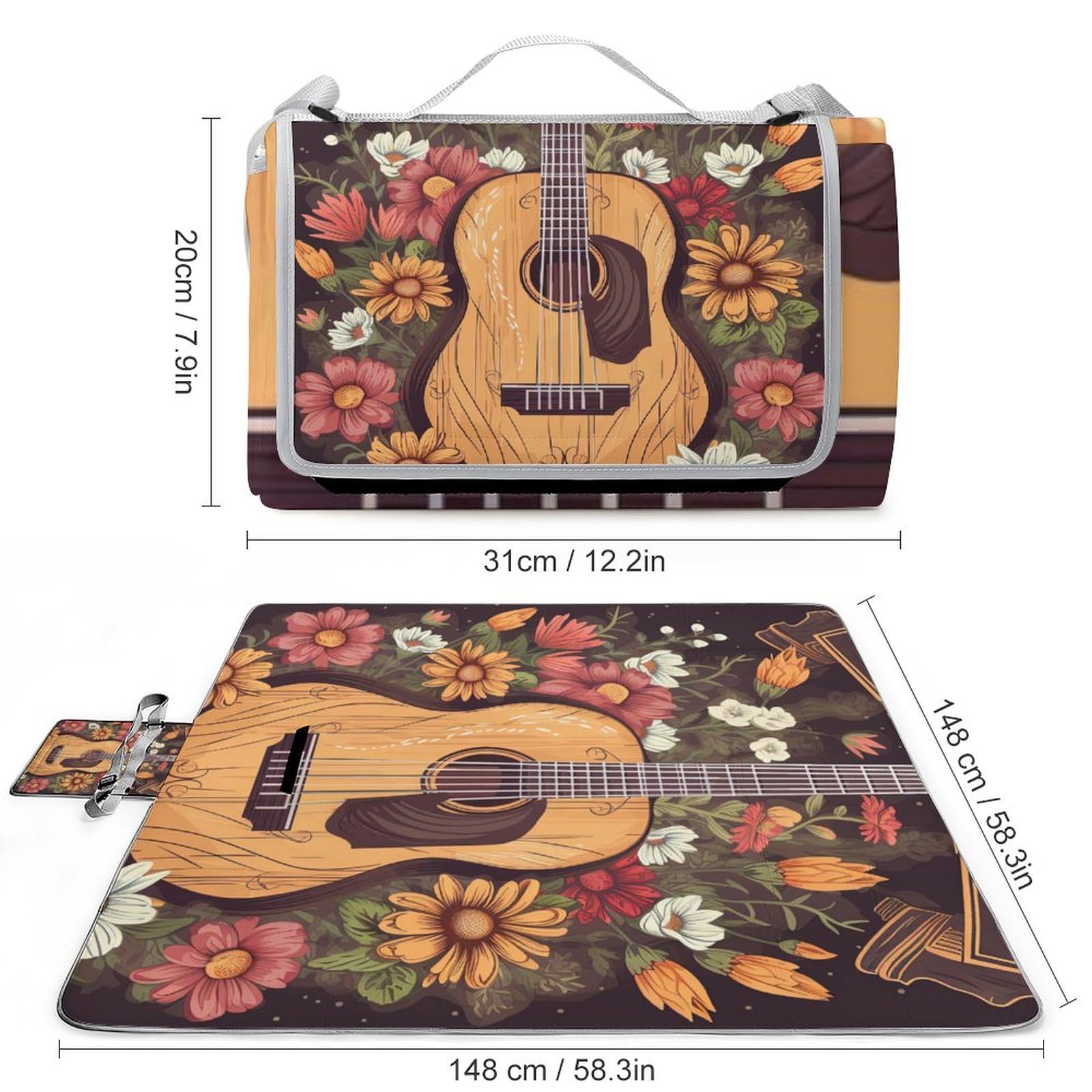 Country-Music-Festival Print Picnic Blanket Waterproof Foldable, Large Outdoor Picnic Blanket Beach Blankets Camping Blanket Travel Mat, Shoulder Strap Tote, Rectangle 58x58in