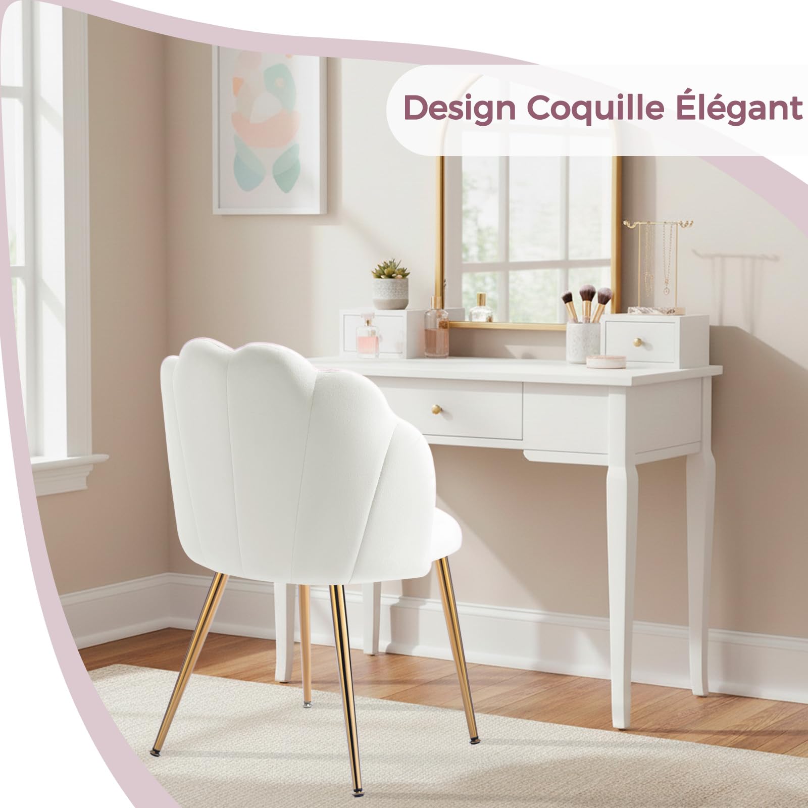 Chaise Coiffeuse Velours Blanche - Fauteuil Coquille Pieds Dorés Design pour Chambre Salon Fille, Facile à Monter