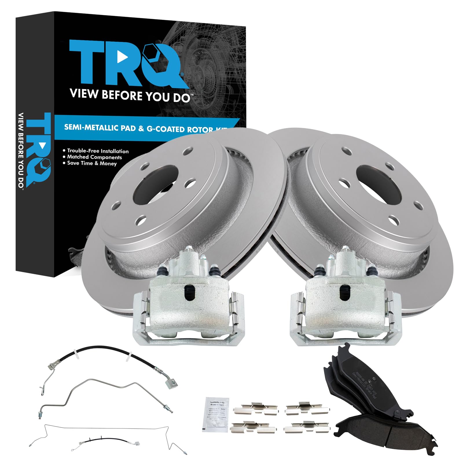 TRQ Rear Brake Pad &amp; Rotor Kit Semi-Metallic Premium G-Coated Compatible with 2009-2010 Dodge Ram 1500