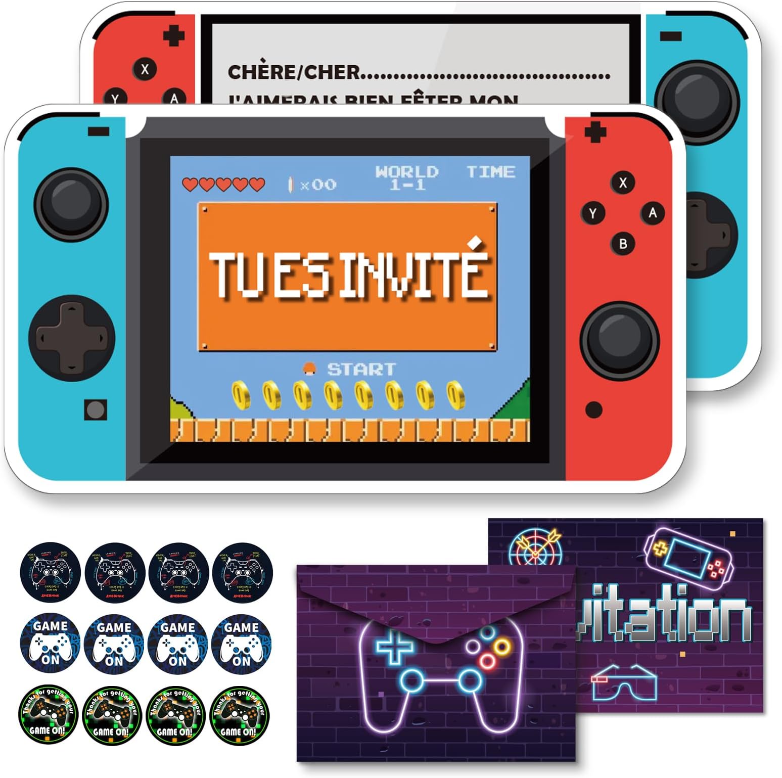 ZELAITE 12 Cartes d'invitation anniversaire à thème jeu en français ...