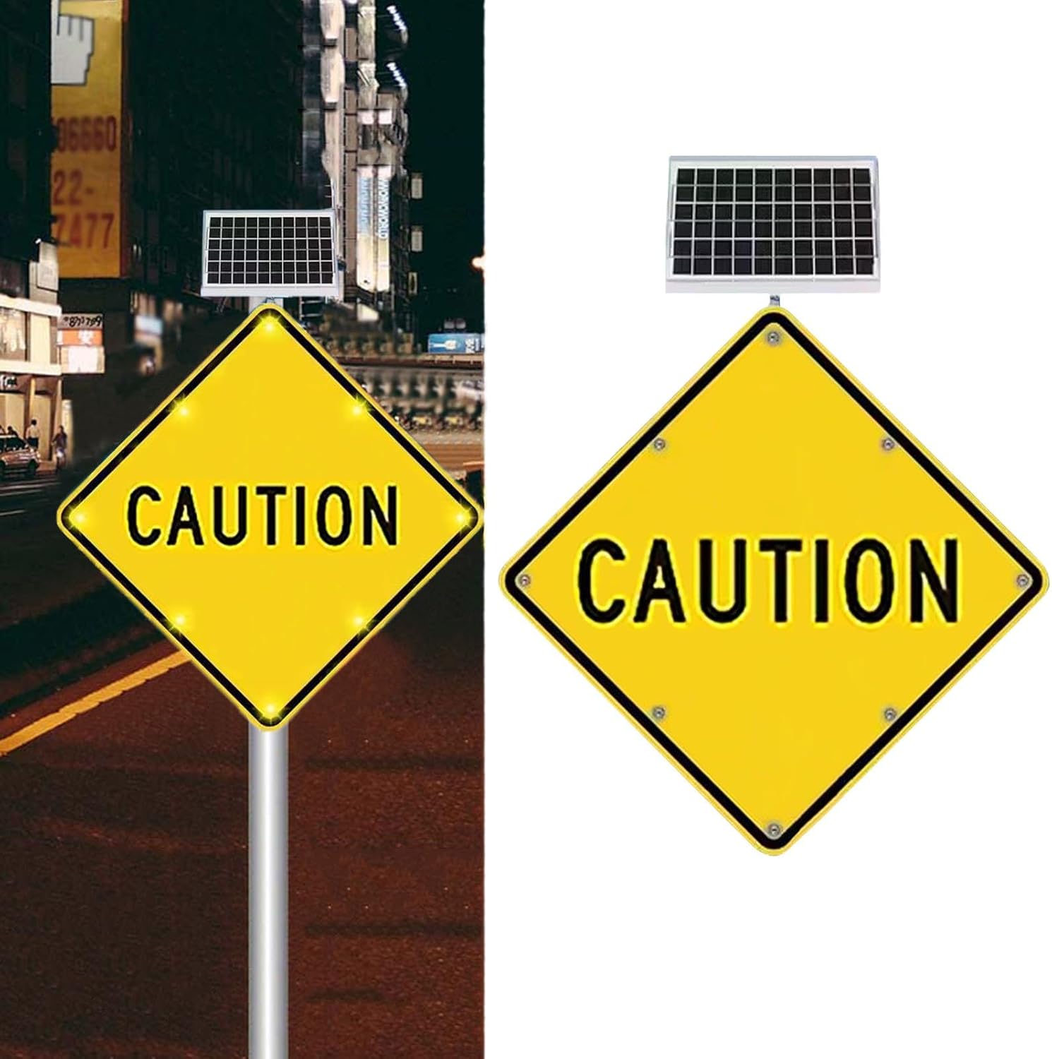 Road Safety Traffic Caution Signs, 24" Solar Powered LED Street Warning Sign Rust Free Aluminum Flashing Caution Signal Illuminated Board