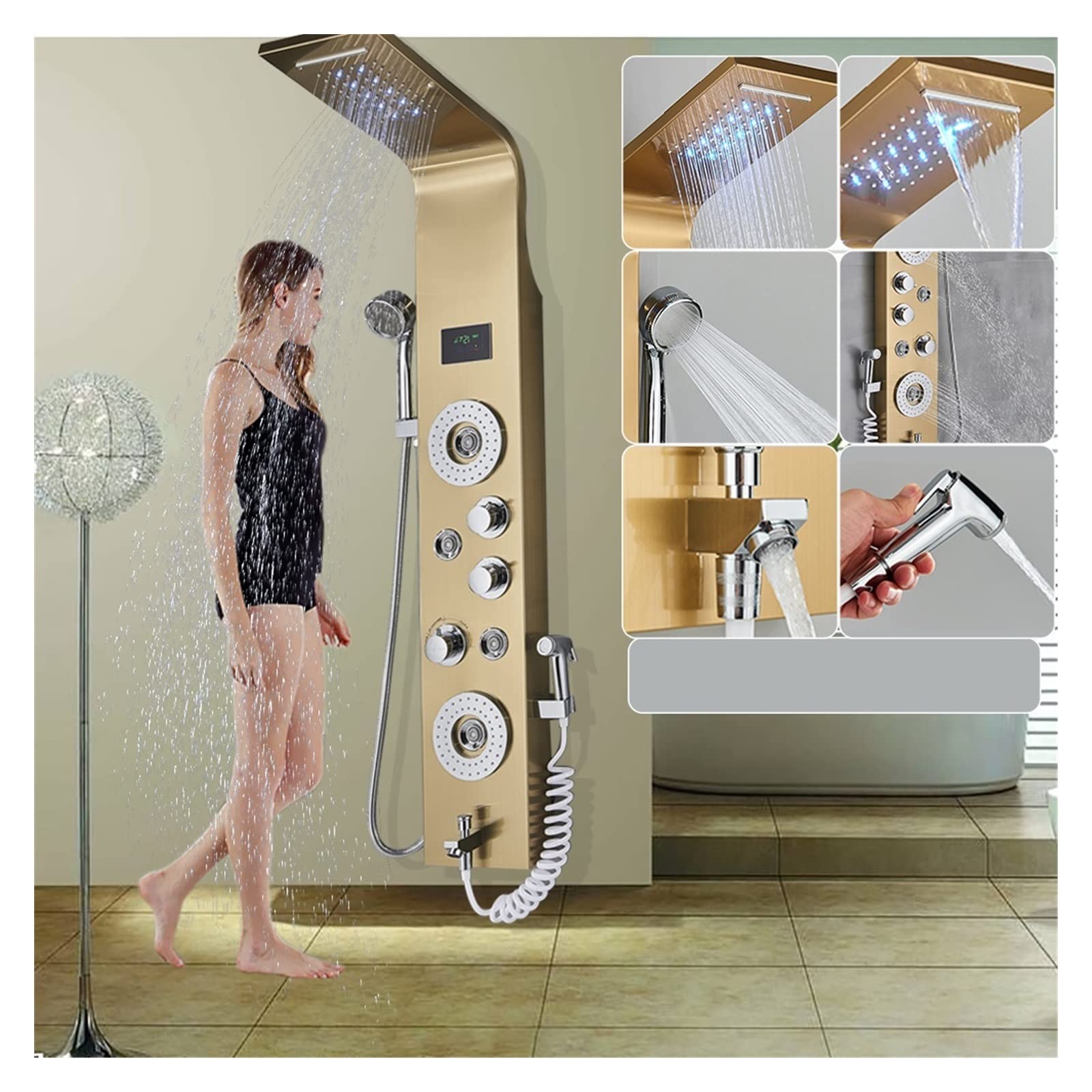 Soywim 8006 Golden Shower System, Black Led Shower Panel Six Functions Waterfall Bathroom Faucet Spa Massage Jet Tub Mixer Sprayer(8006 Golden)