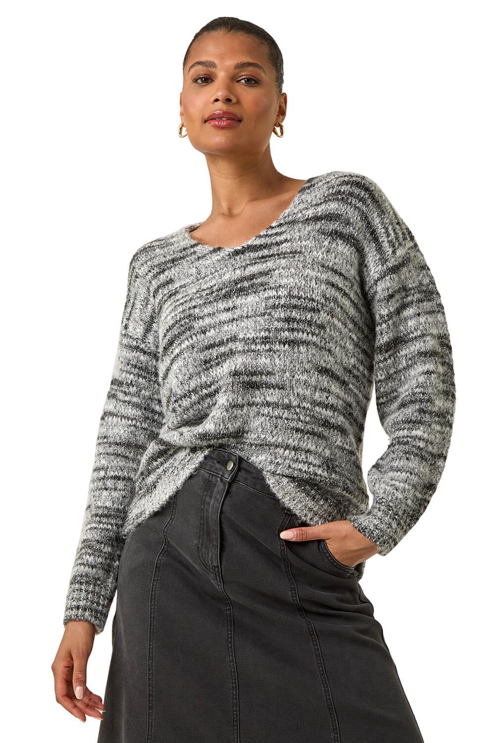 Roman Originals Shimmer V-Neck Knitted Jumper for Women UK - Ladies Everyday Holiday Spring Summer V-Neckline Comfy Soft Evening Vacation Work Party - Black - Size 10