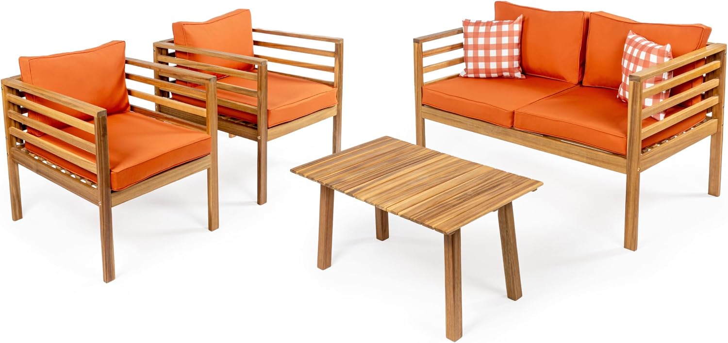 JONATHAN Y Thom Teak Brown/Orange Modern Acacia Wood 4-Piece Outdoor Patio Conversation Set with Loveseat, Chairs, and Coffee Table for Backyard and Porch LVG1200C-4SET