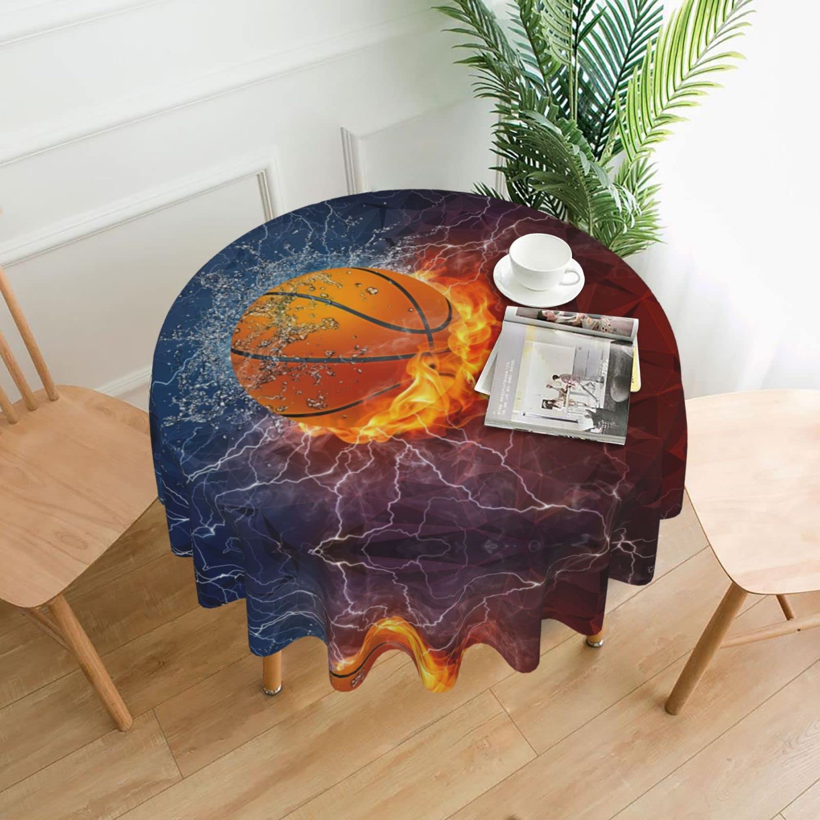 Lawenp Basketball Flames and Waterdrops Decorative Round Table Cloths - 60 Inches in Diameter for Buffet Tables, Parties, Holiday Dinners.
