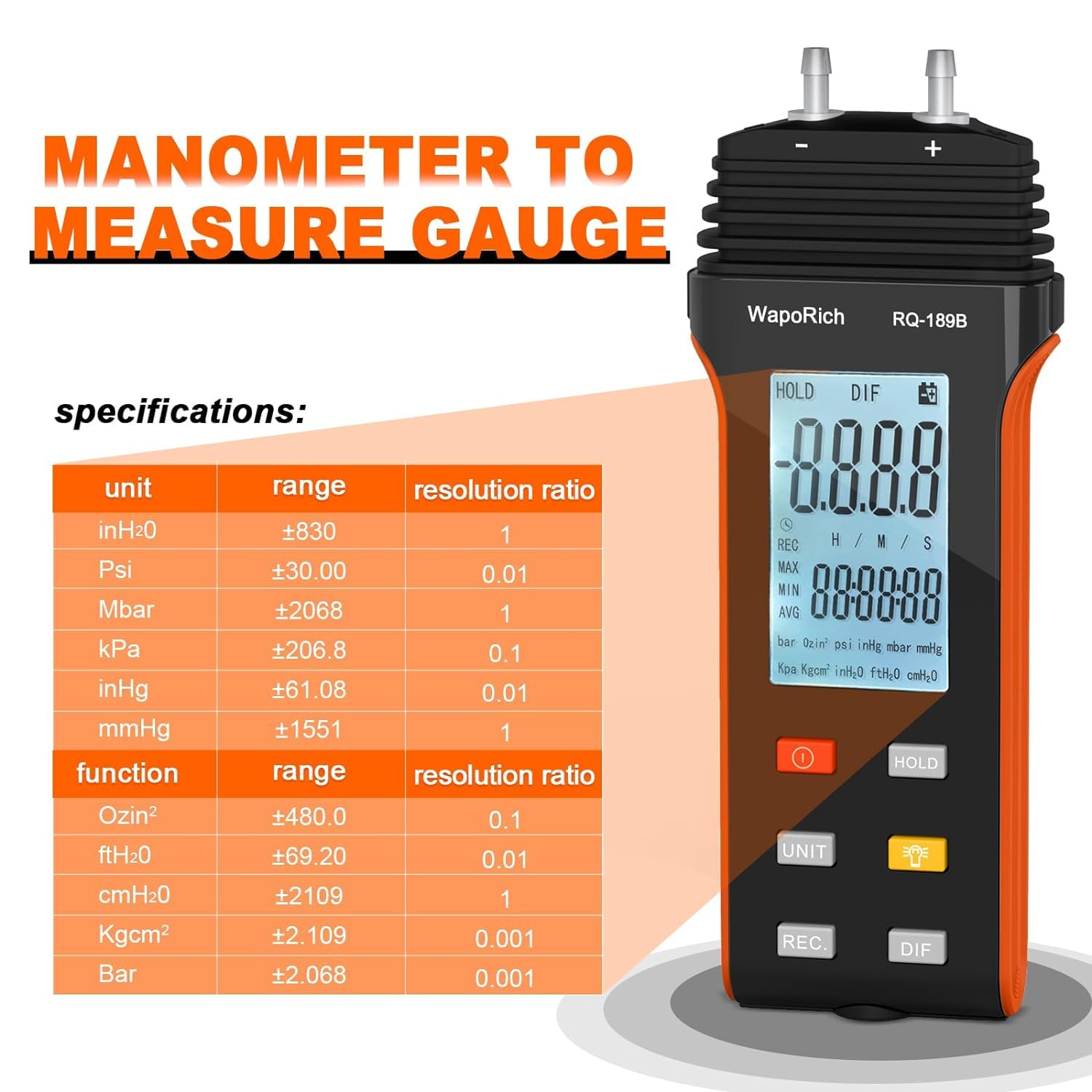 Manometro a gas pressure metro, 11 unità selezionabili differenziale a doppia porta manometro ad aria compressa HVAC manometro digitale con retrolight RQ-189B
