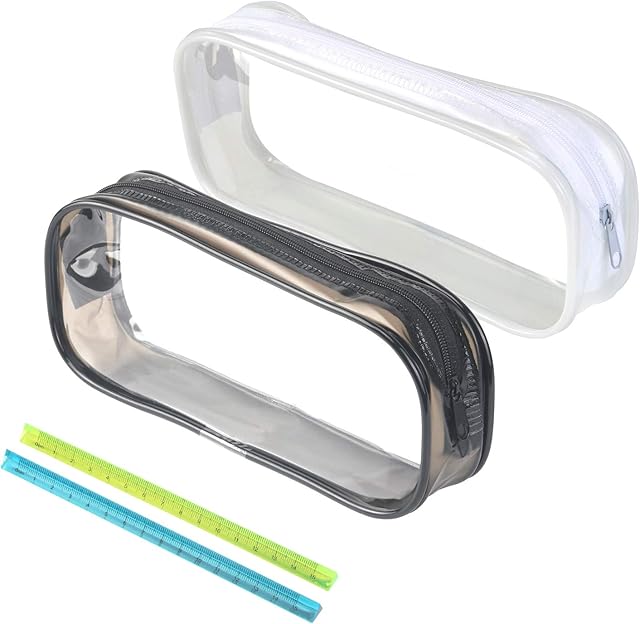KATOOM 2pcs Clear Pencil Case,Big Capacity PVC Zipper Pencil Case Exam Pen Transparent Pouch with 2pcs Rulers for Stationery Cosmetics Storage (Black,White)