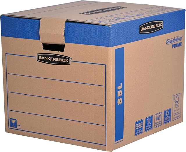 5 BANKERS BOX EXTRA LARGE Strong Moving Boxes, 85L FastFold Moving Boxes, SmoothMove Cardboard Moving Boxes, Heavy Duty Double Wall Boxes for Moving House with Handles, 40.5 x 45.5 x 45.5cm, Pack of 5