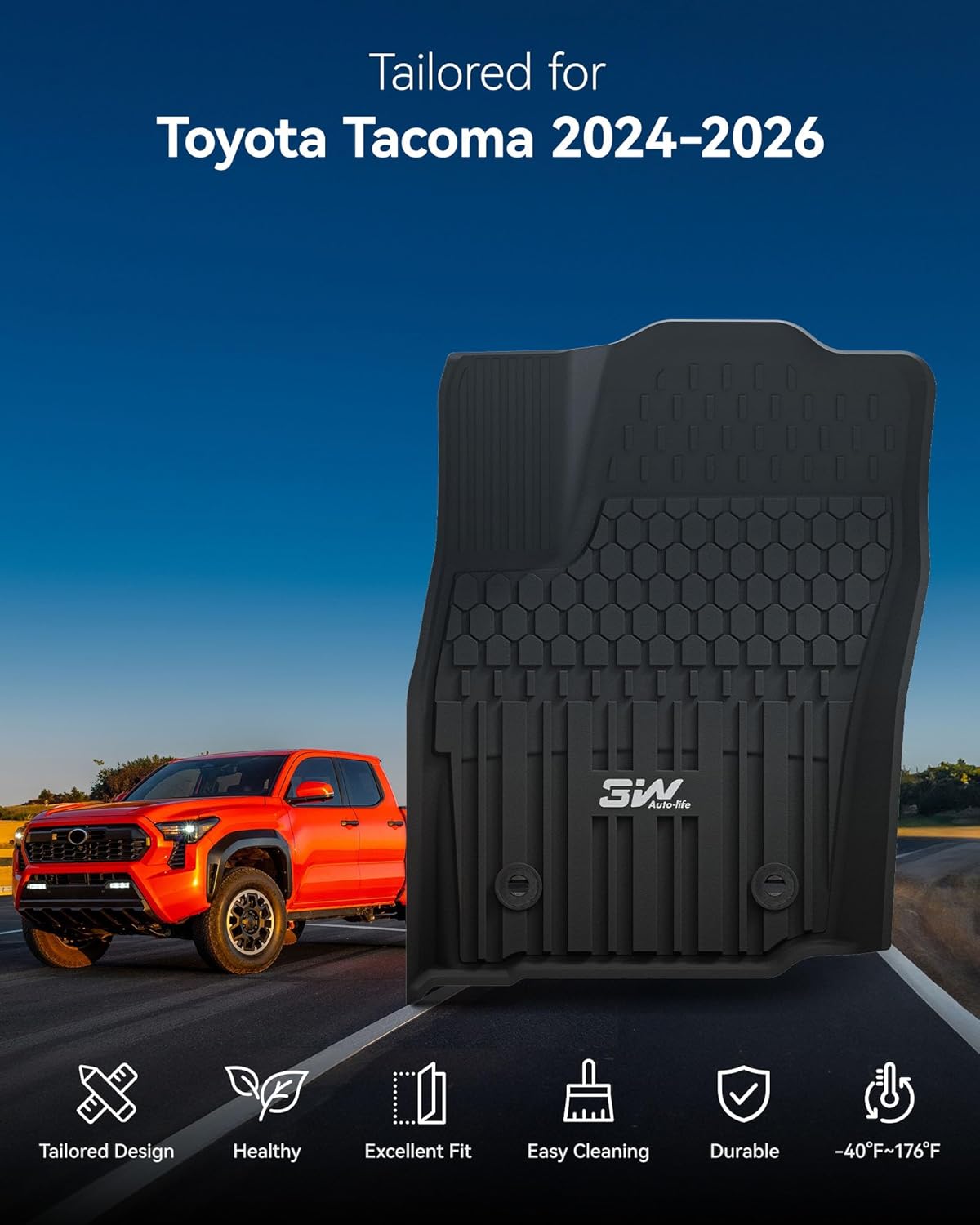 3W Floor Mats for Toyota Tacoma 2024 2025 2026 Double Cab(Not Fit Hybrid & XtraCab), TPE All Weather Custom Fit Floor Liner for Tacoma TRD/SR/SR5/limited Car Liners(Automatic Transmission) - Image 2