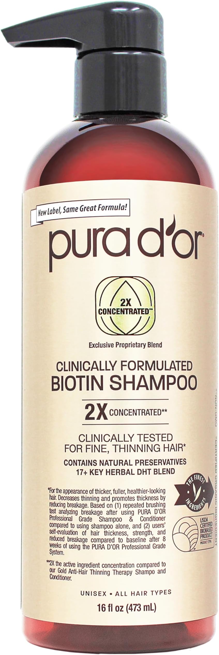 PURA D'OR Professional Grade Thickening Shampoo Clinically Tested Hair Thinning Therapy Super Concentrated for Maximum Results, Sulfate Free Natural & Organic Ingredients, Men & Women, 473 ml