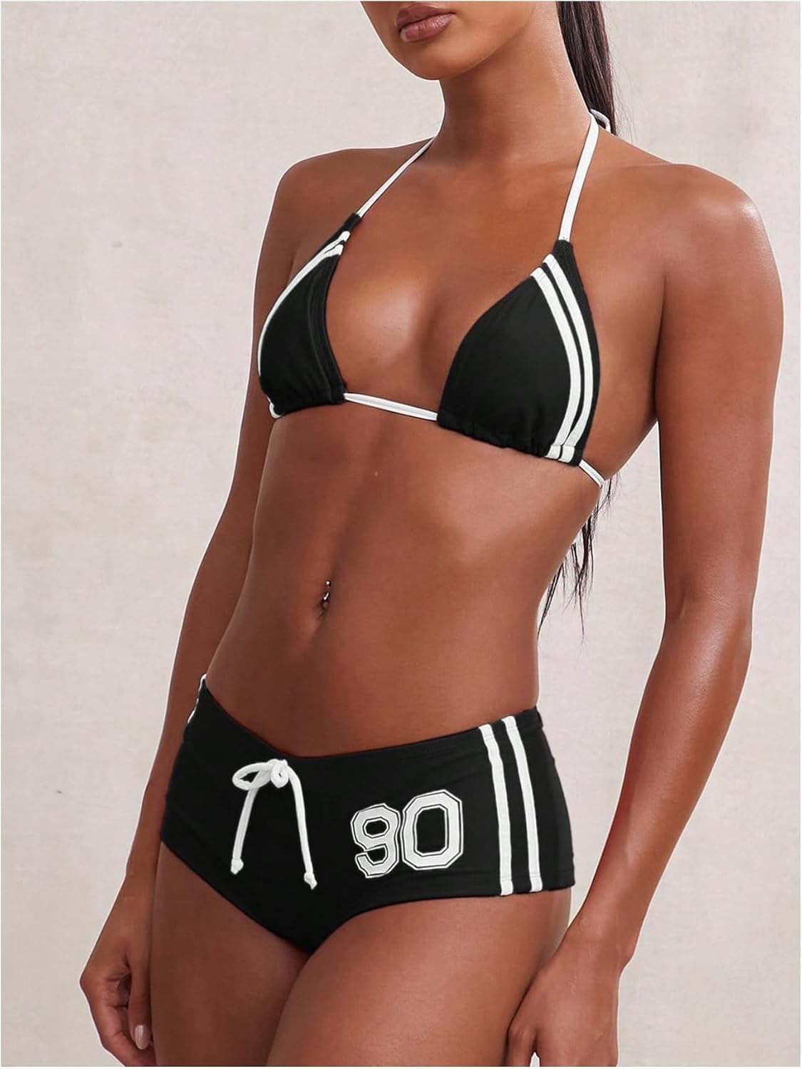WDIRARA Women's Graphic Halter Triangle String Bikini Set 2 Piece Swimsuit with Shorts