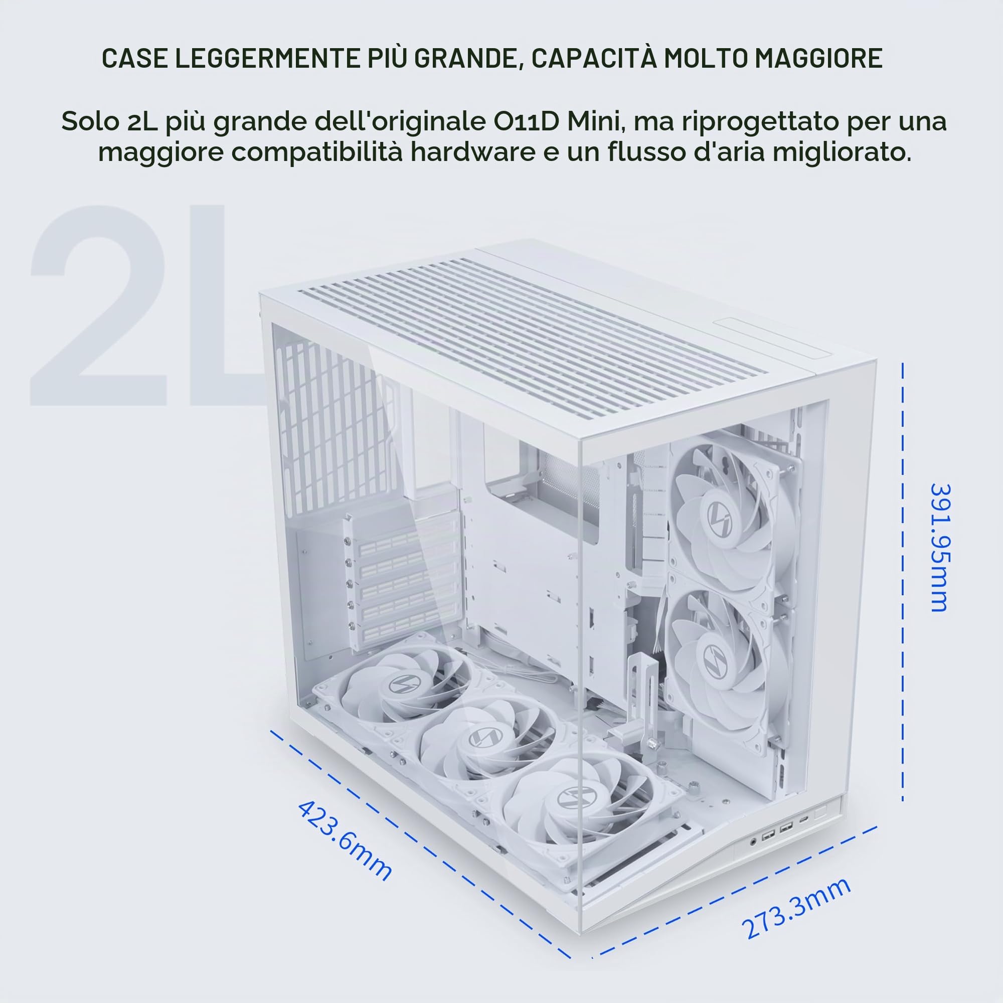 LIAN LI O11D MINI V2 Flow | Cassa per PC ATX Mid-Tower compatta con flusso d'aria | Vista panoramica | Flusso d'aria ad alte prestazioni | Include 5 ventole a lama inversa da 120 mm | Gestione dei