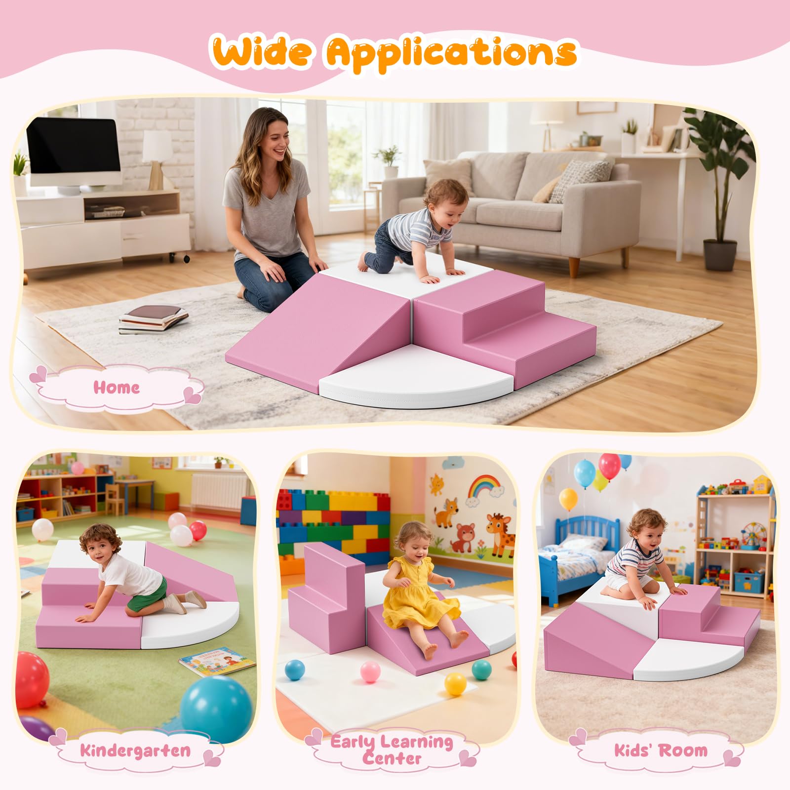 Lot de 4 blocs de construction en mousse pour enfants, grands blocs de construction souples pour grimper, ramper et jouer, escalader bébé à l'intérieur, antidérapants et stables (rose et blanc