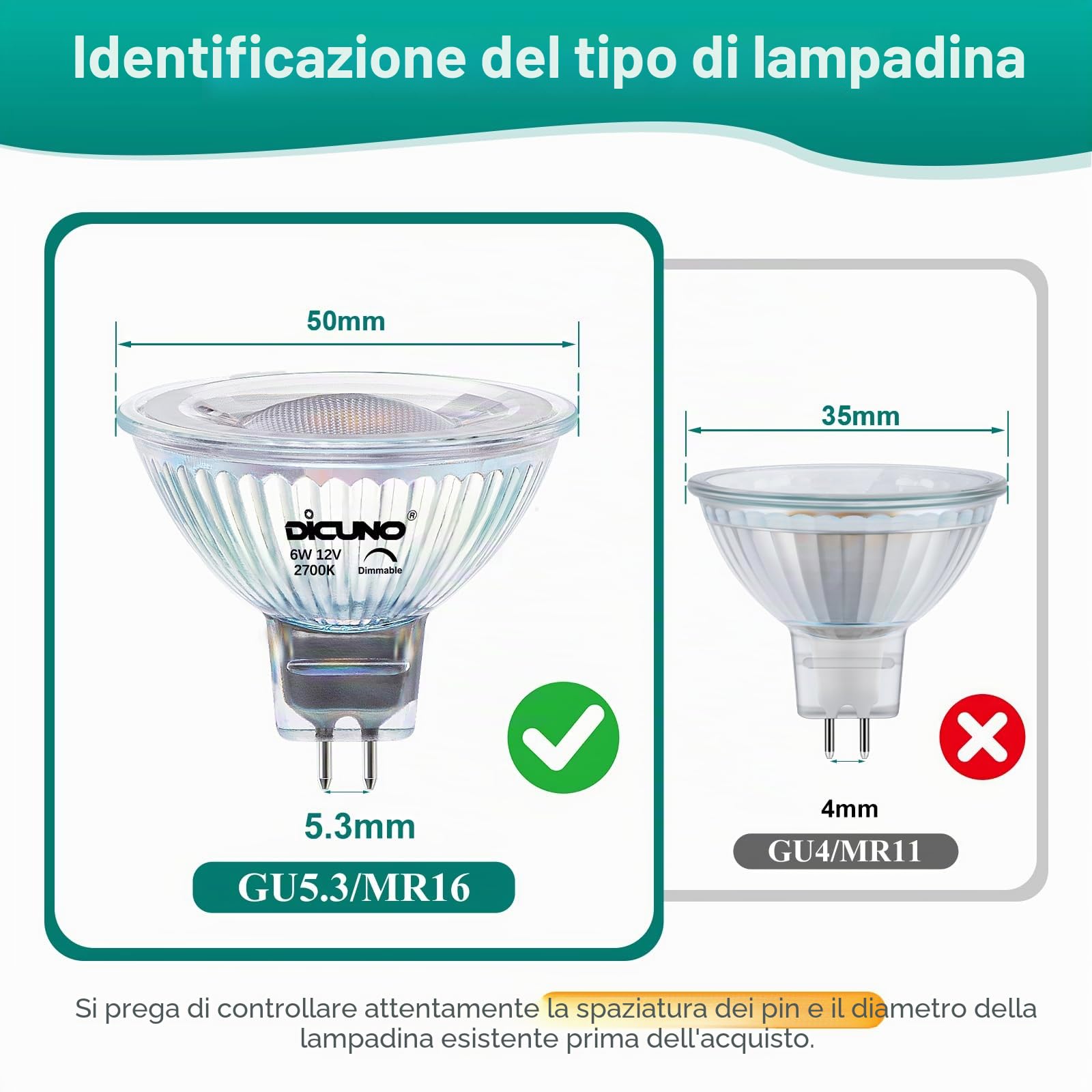 DiCUNO Lampadina LED GU5.3 Dimmerabile, 6W=60W, 2700K, 420lm, 10 Pezzi | Bianco caldo, Lampadine GU5.3 MR16, 12V, Fascio 40°, per faretti da incasso, controsoffitti e vetrine