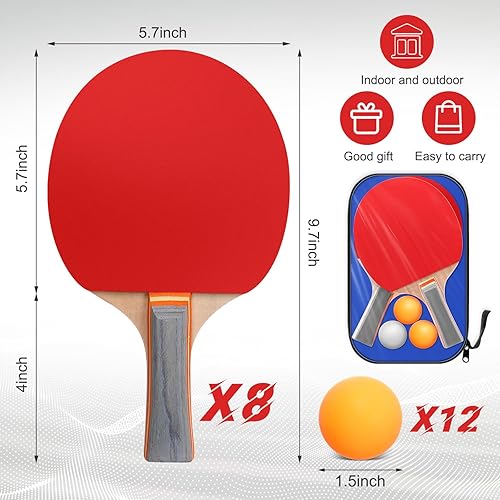 Miniatura 2 de Liliful Juego de 8 raquetas de tenis de mesa a granel, accesorios portátiles de tenis de mesa con 12 pelotas de tenis de mesa y 4 bolsas de