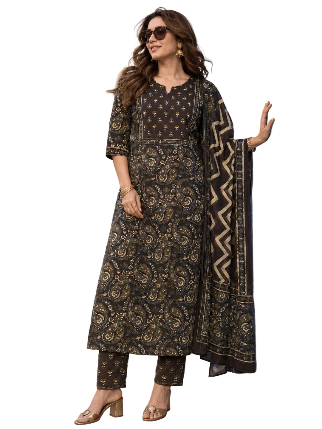 berrylicious Women Cotton Brown Printed Sequinned Kurta with pant & Dupatta-picture-46