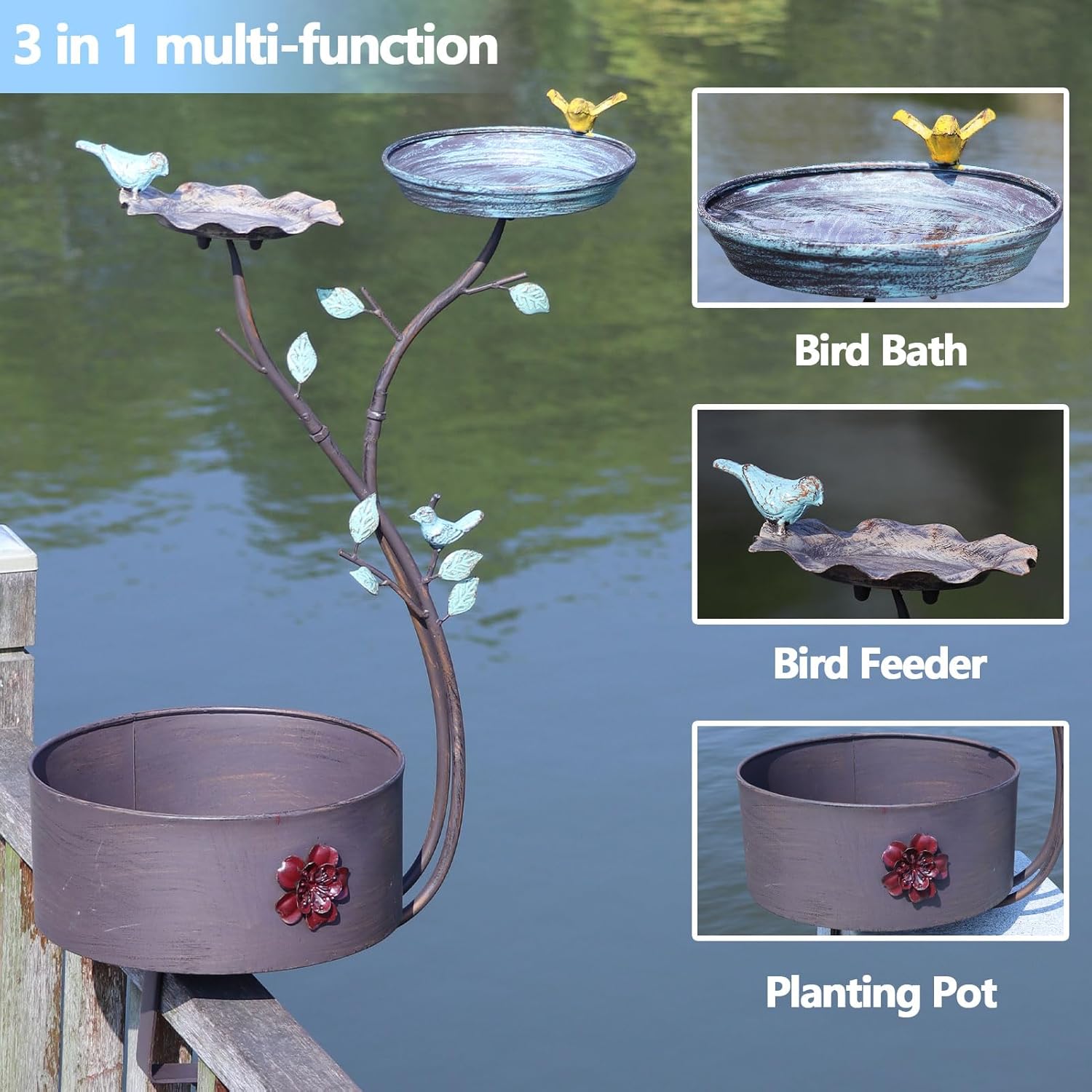 HLQMFHT Deck Bird Bath, Bird Bath and Bird Feeder, Flower Planting Pedestal, Deck Mounted Bird Bath, for Garden Balcony Patio Deck Railing Decoration