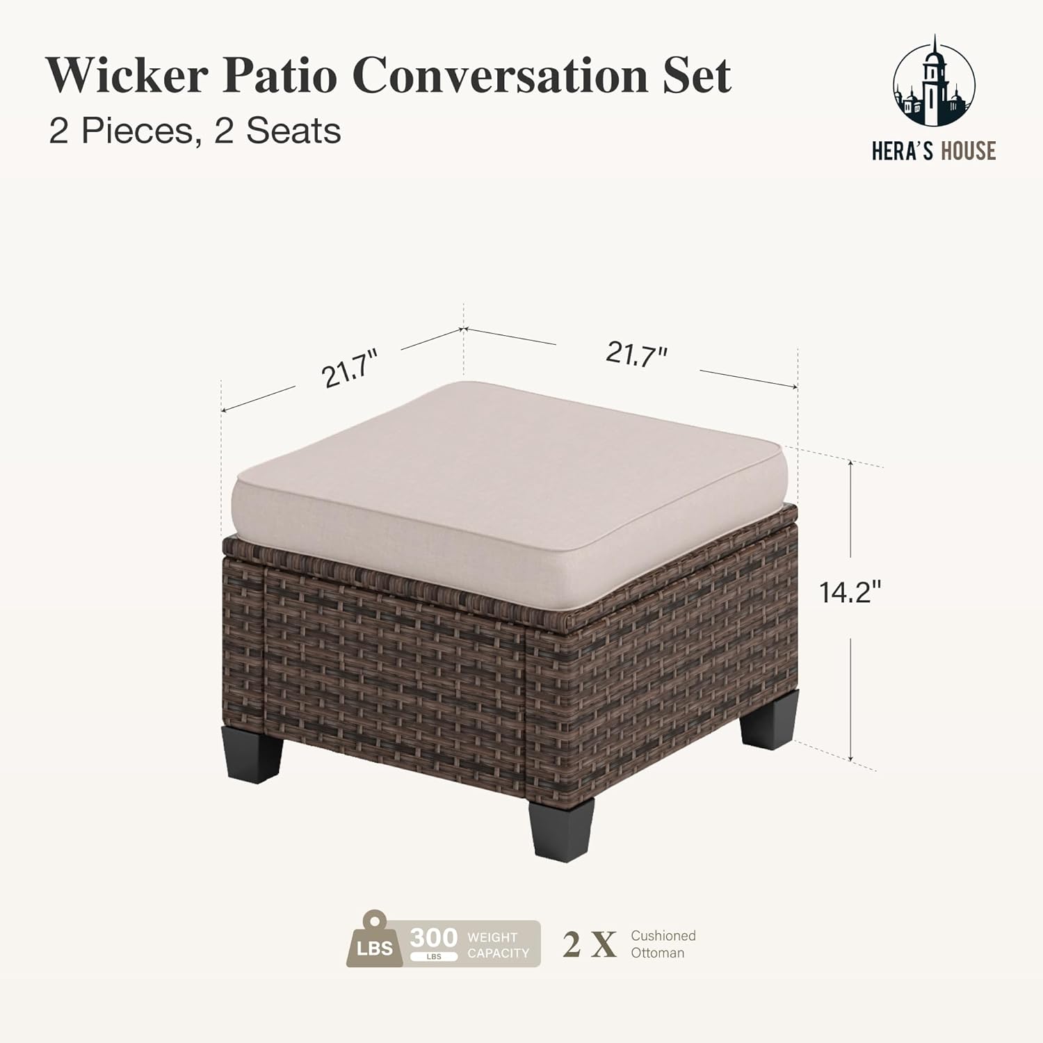 HERA'S HOUSE 2 Pieces Outdoor Patio Ottoman, Brown Rattan Wicker Ottomans, Outdoor Footstool Footrest Seat, Beige