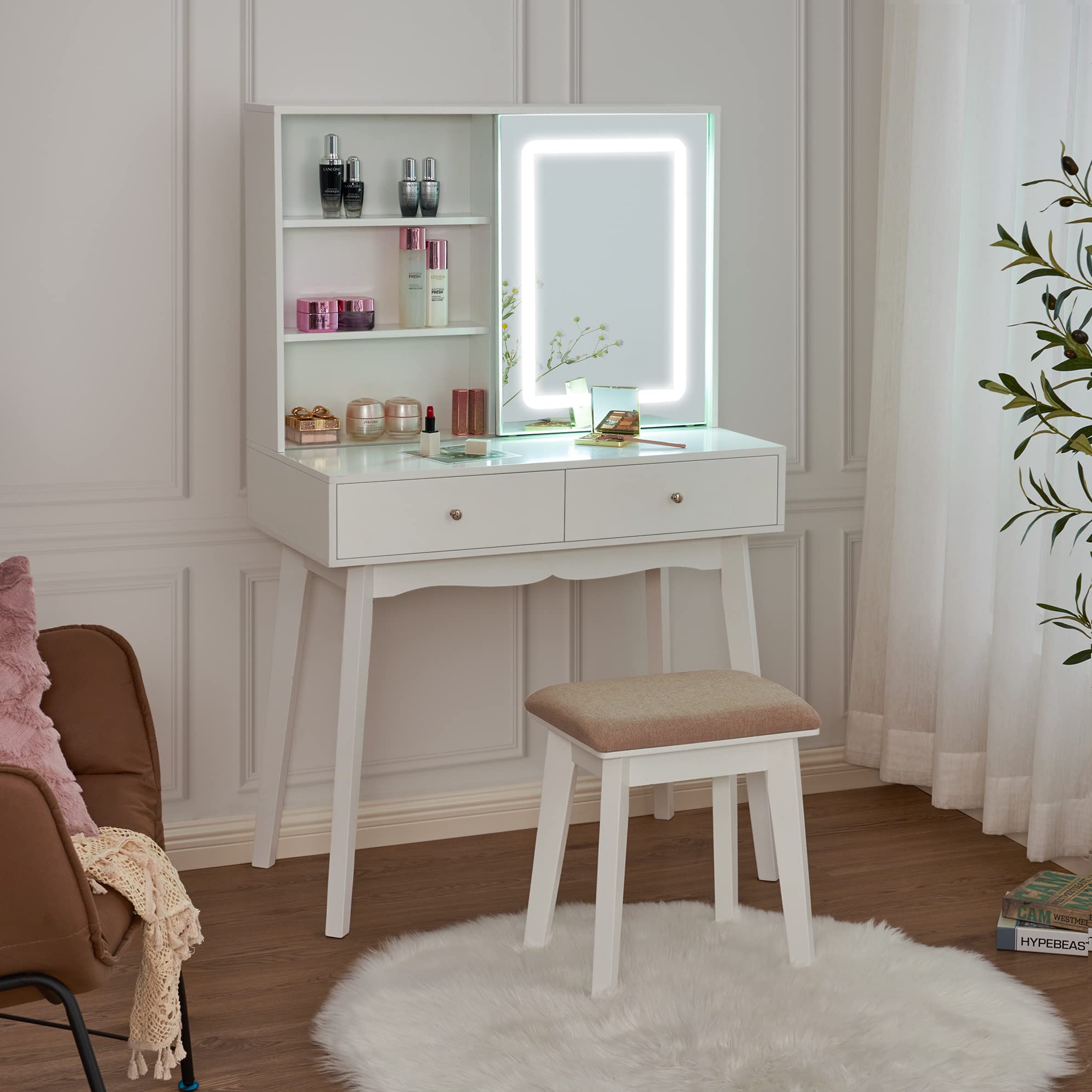 BEWISHOME Vanity Desk with Mirror and Lights, Makeup Vanity with Lights, White Vanity Set, Makeup Desk with 3 Color Lighting, Vanity Table with Cabinet & 2 Drawers, Dressing Table Makeup Table FST15M