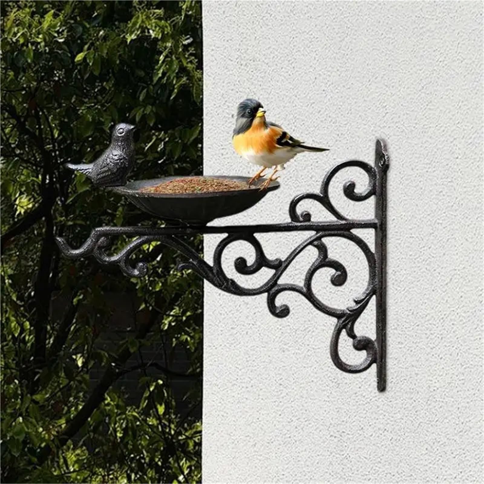 Vogeltränken Wandmontiertes Vogelbad, dekorativer Vogelfutterspender aus Gusseisen, Gartenornamente, Nüsse, Mehlwürmer, Wasserschale, Korbhalterung mit Vogel