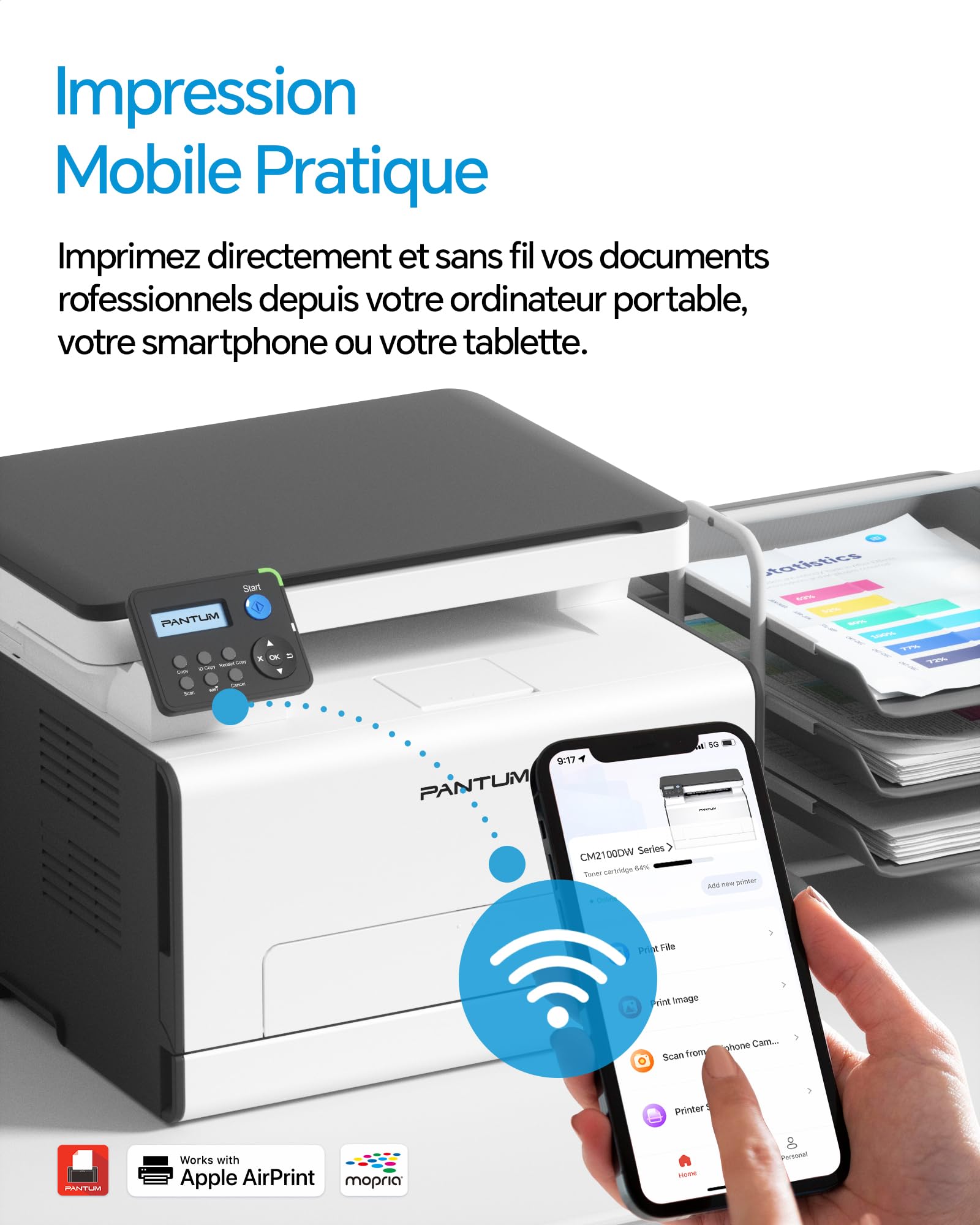 PANTUM CM2100DW Imprimante Laser Couleur Multifonction 3en1 Impression/Copie/Scan, Impression Recto-Verso Automatique, WLAN/Net/USB, 20ppm, pour la Maison et Le Bureau