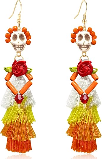 Handmade Unique Tassel Skeleton Flower Dangle Drop Earrings Creative Sparkly Crystal Bead Skull Hook Earrings For women