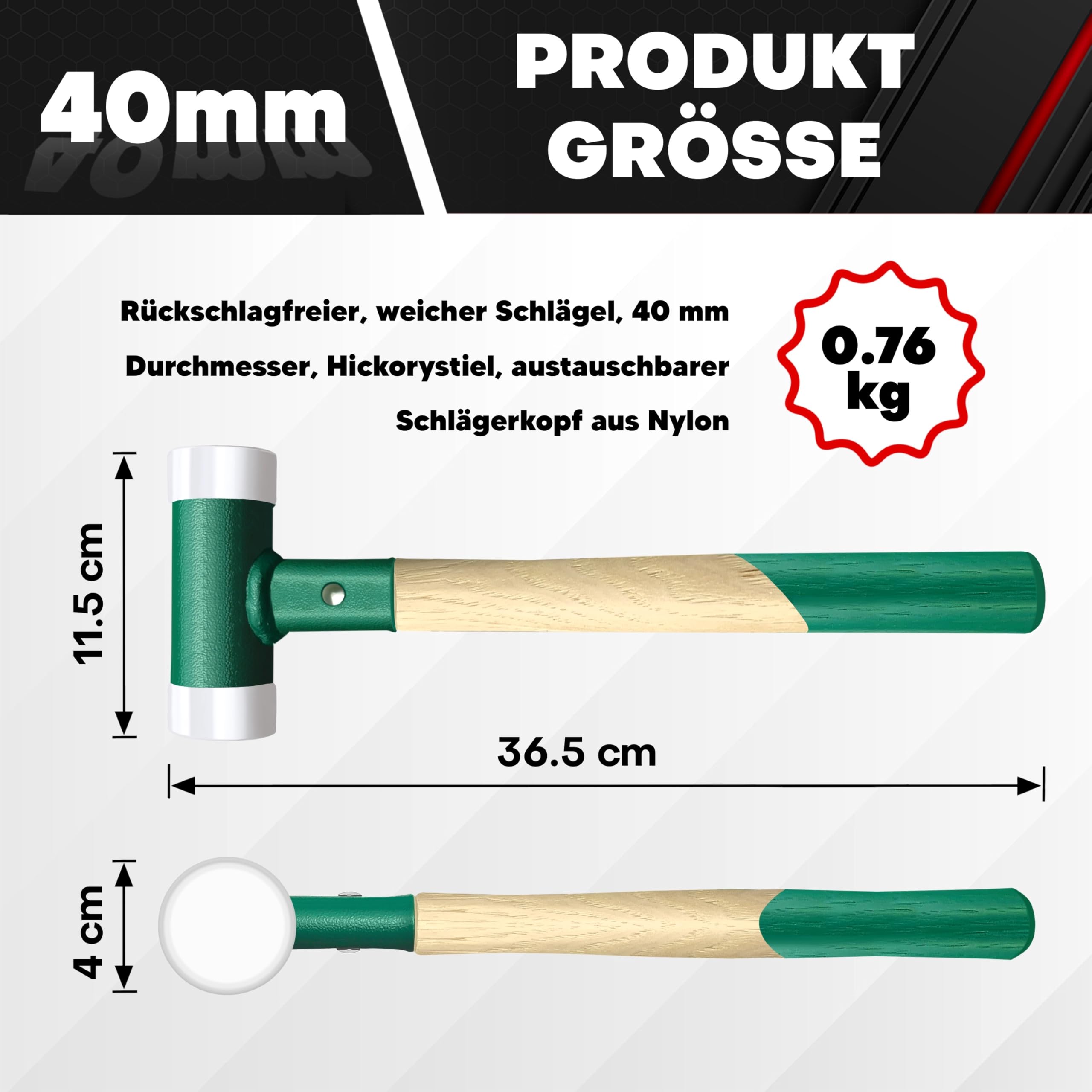 C&T Martello di protezione, martello di protezione senza contraccolpo, battente morbido, diametro 40 mm, manico in legno con testa in nylon intercambiabile per manutenzione e montaggio, 40 mm, manico