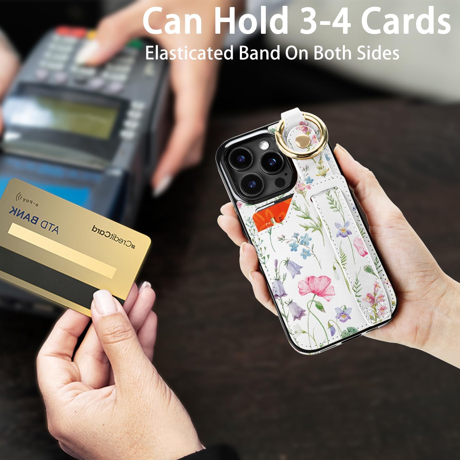 uCOLOR for iPhone 16 Pro Case with Card Holder Key Ring for Women Girls Cute Design with Leather Wallet Credit Holder Cardholder Strap Stand for Apple 16 Pro (Pink Flowers) - Image 2