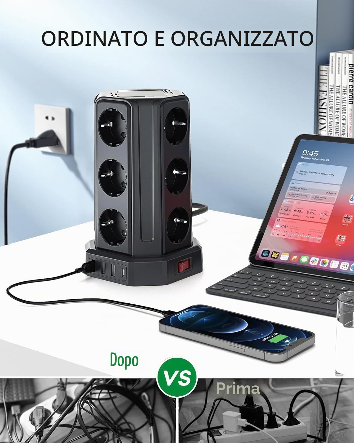 Sameriver Ciabatta Multipresa, Multipresa Elettrica con 12 Prese e 3 USB A+1 USB C(4000W/16A), Ciabatta Multipresa con usb Verticale protezione Sovratensione con interruttori, Nero F (Schuko)