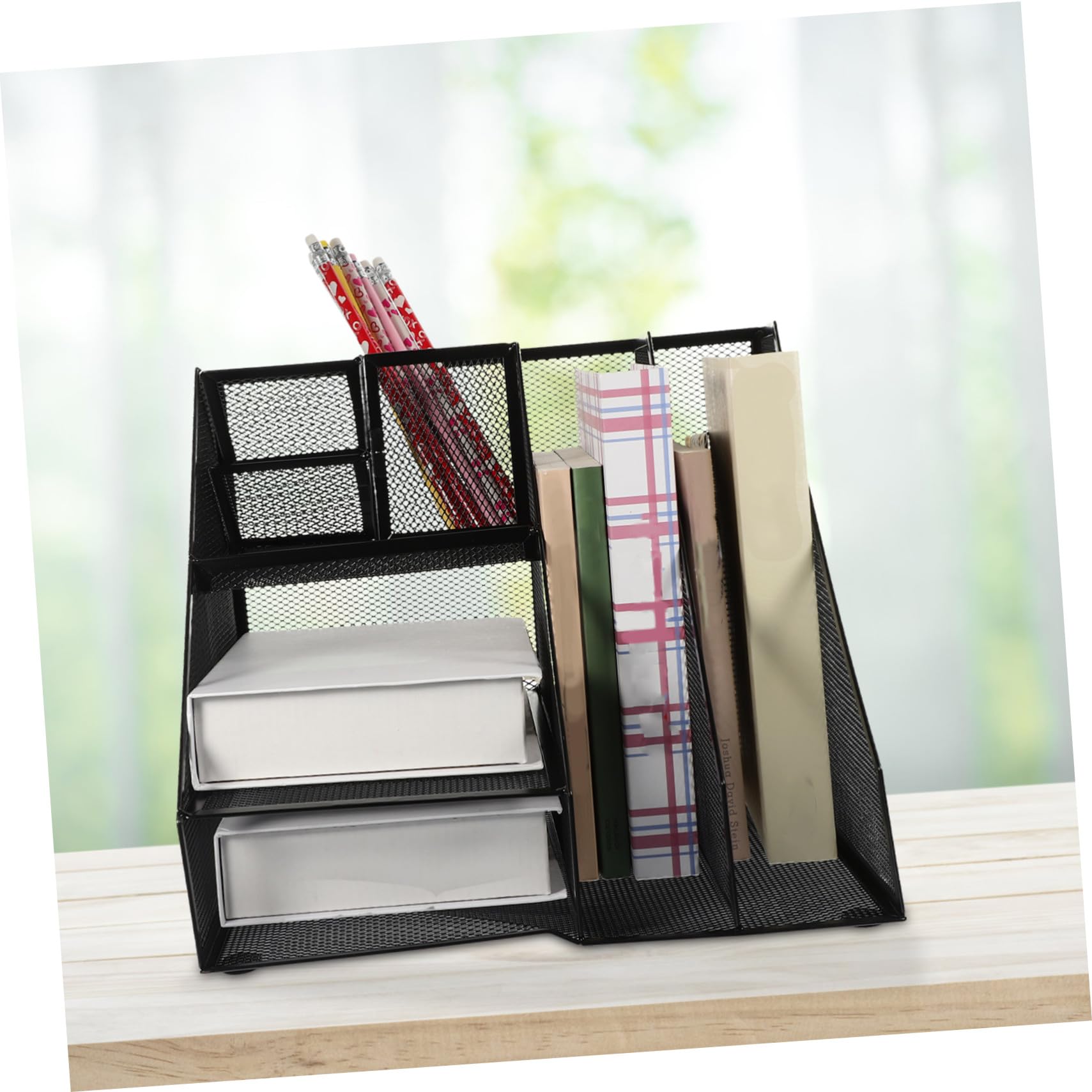 Metall Aktenhalter mit Zwei Fächern und Drei Linken Stiftehalter Robuster Desktop Organizer für Effiziente Papierorganisation und Bürobedarf Schwarzer Schreibtisch