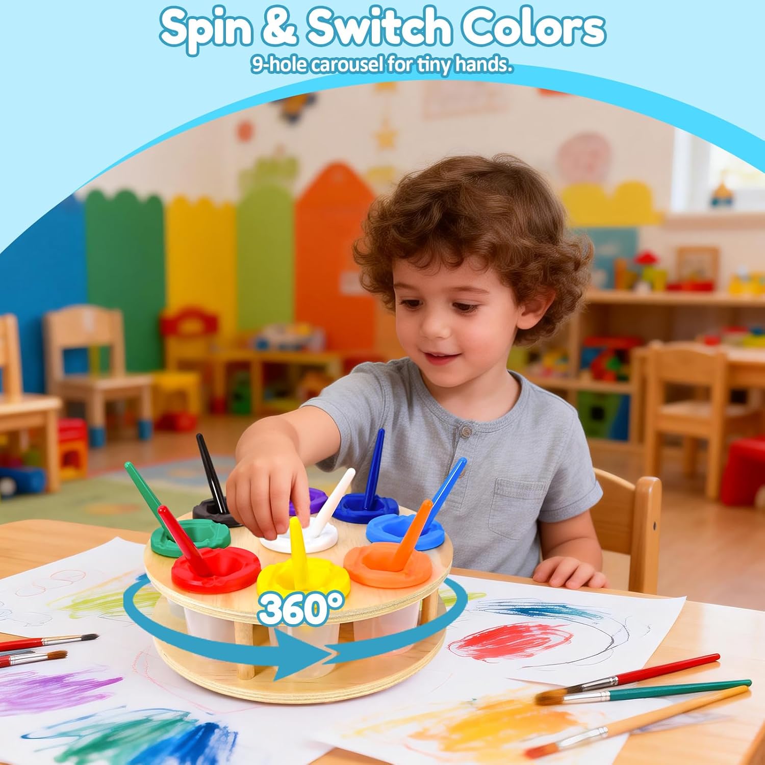 9 Pcs Spill Proof Paint Cups With Lids and 9 Holes Rotating Wooden Paint Holder Set for Kids | Reusable Professional Toddler Painting Set for Toddler Painting Activities,Classroom,Preschool