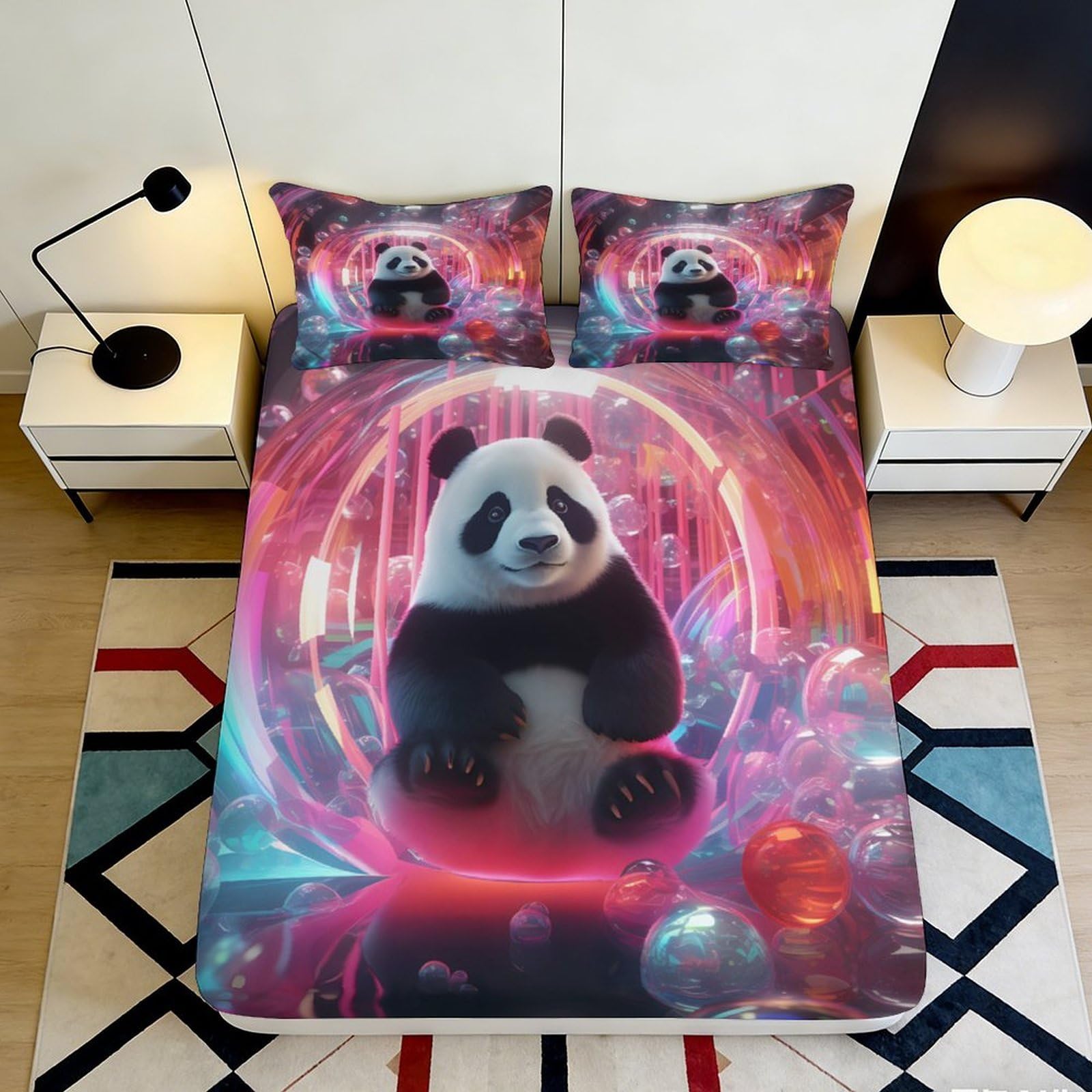 Jqzkxnhpbr Style-4 3D Printed Panda Fantasy Fitted Sheet Microfiber Soft Breathable Cosmic Neon Bed Cover For Bedroom Dorm Decoration 90X200x25cm