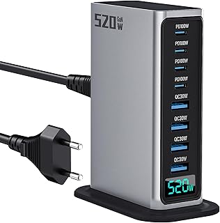 USB C Charger Block 520W 8 Port GaN Fast Charging Station Hub for Laptop, iPad, iPhone 16 Pro Max Fast Charger Pixel DELL MacBook Pro/Air Galaxy S25 Steam Deck USB C Charger Adapter for Android