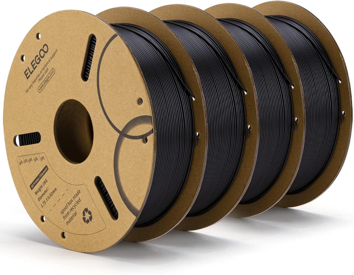 ELEGOO PLA Filament 1.75mm Black 4KG, 3D Printer Filament Bulk Dimensional Accuracy +/- 0.02mm, 4 Pack 1kg Cardboard Spool(2.2lbs) 3D Printing Filament Fits for Most FDM 3D Printers | Bundle Filament, Dimensional Accuracy +/- 0.02mm, 4 Pack 1kg Spools 3D Printing Filament, Fits Most FDM 3D Printers