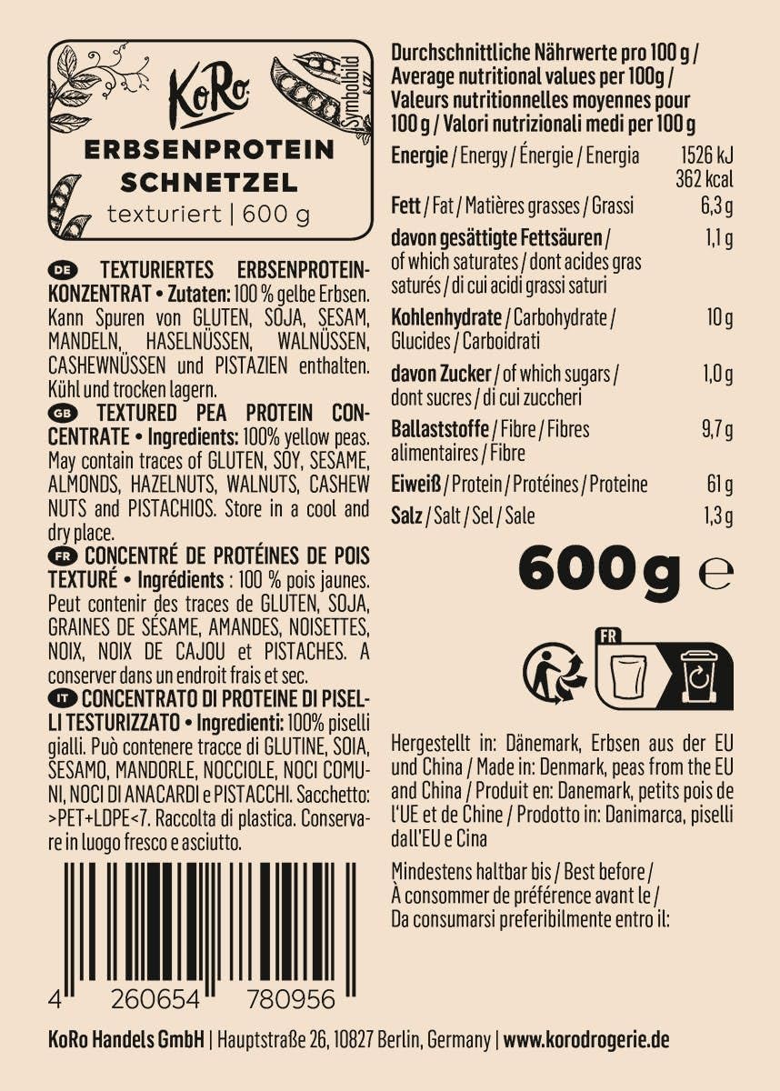 KoRo - Spezzatino proteico di piselli 2 x 600 g - 100% piselli - Gustosa alternativa alla carne - per goulash e stufato vegano