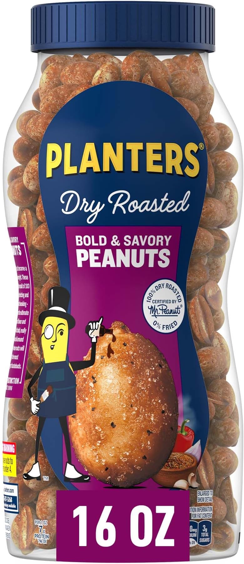 PLANTERS Dry Roasted Bold and Savory Peanuts, Plant-Based Protein, Party Snacks, Peanut Snack, 16 Oz Jar (Pack of 1)
