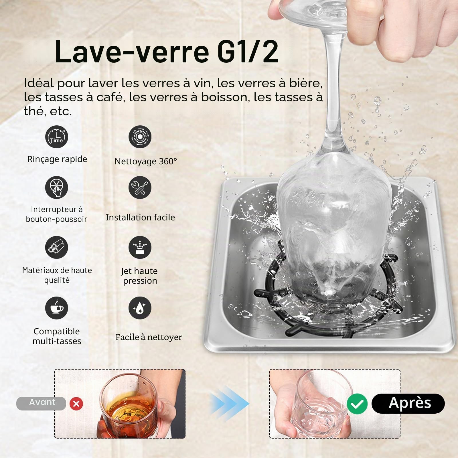 Lave Verres, Automatique G1/2 En Acier Inoxydable Lave Gobelets Pour Évier De Cuisine Avec 2 Tuyaux De Connexion Accessoire Pratique Pour Bar Pub Restaurant Café Et Hôtel