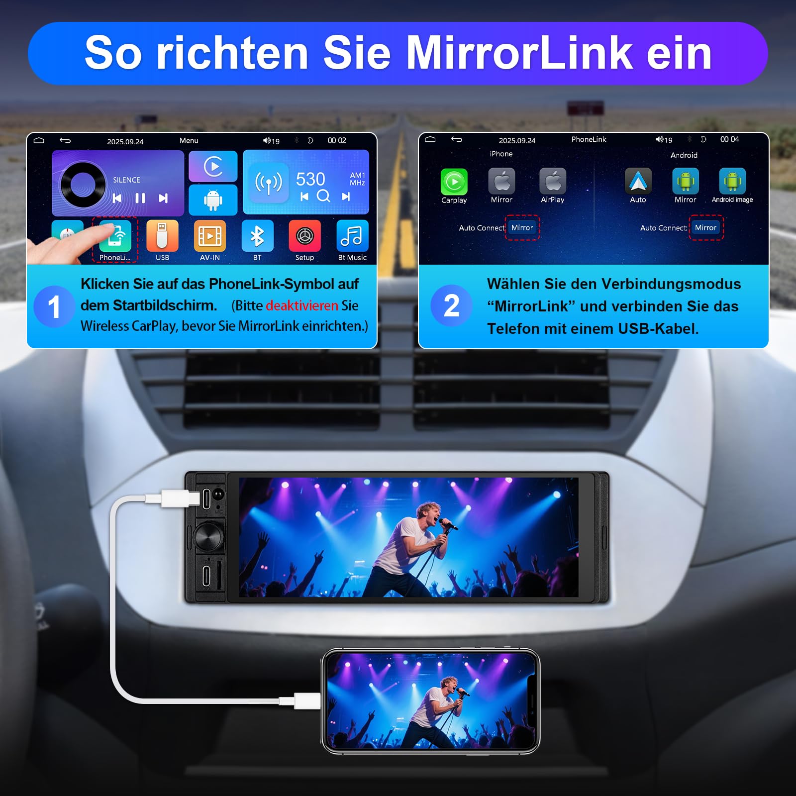 1 DIN Radio Kompatibel mit Wireless CarPlay & Android Auto, Autoradio 1Din mit 6,28 Zoll HD Bildschirm, Navi, Bluetooth, AM/FM/RDS, TF, AUX, SWC