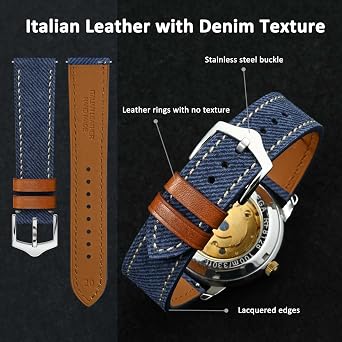 WOCCI Denim Pattern Watch Strap, Italian Leather, Taper Stainless Steel Buckle, Band Width 18mm 20mm 22mm