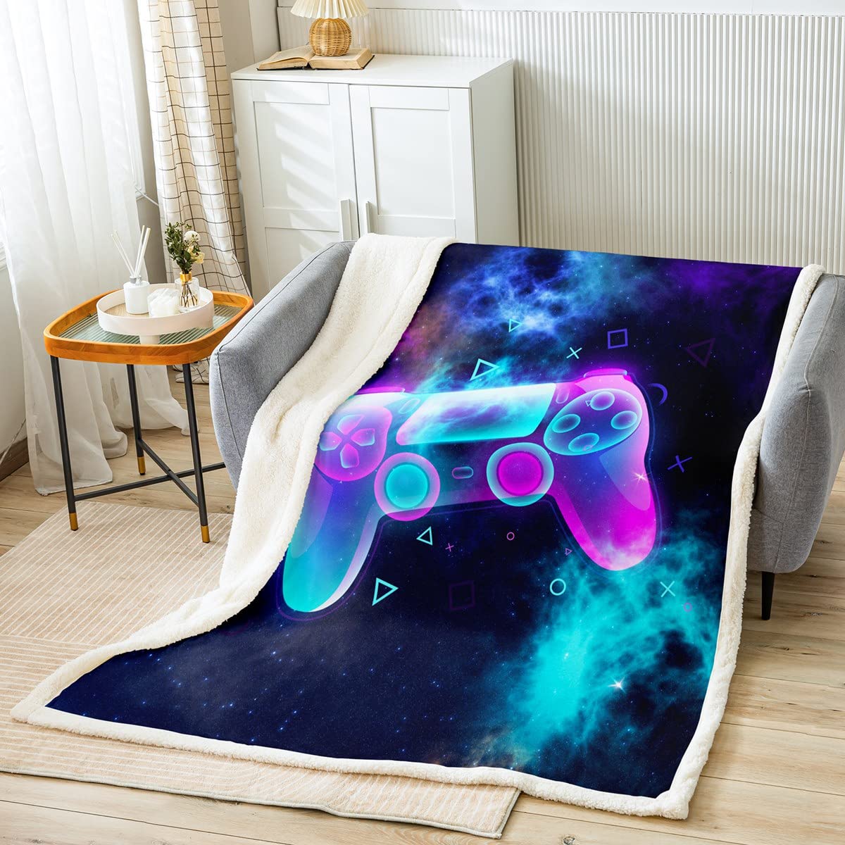 Tbrand Jungen Gamepad Decke Videospiel Wohndecke für Kinder Modern Gamer Controller Kuscheldecke 150x200cm Galaxis Geometrisch Drucken Dekor für Couch Flanell Fleecedecke