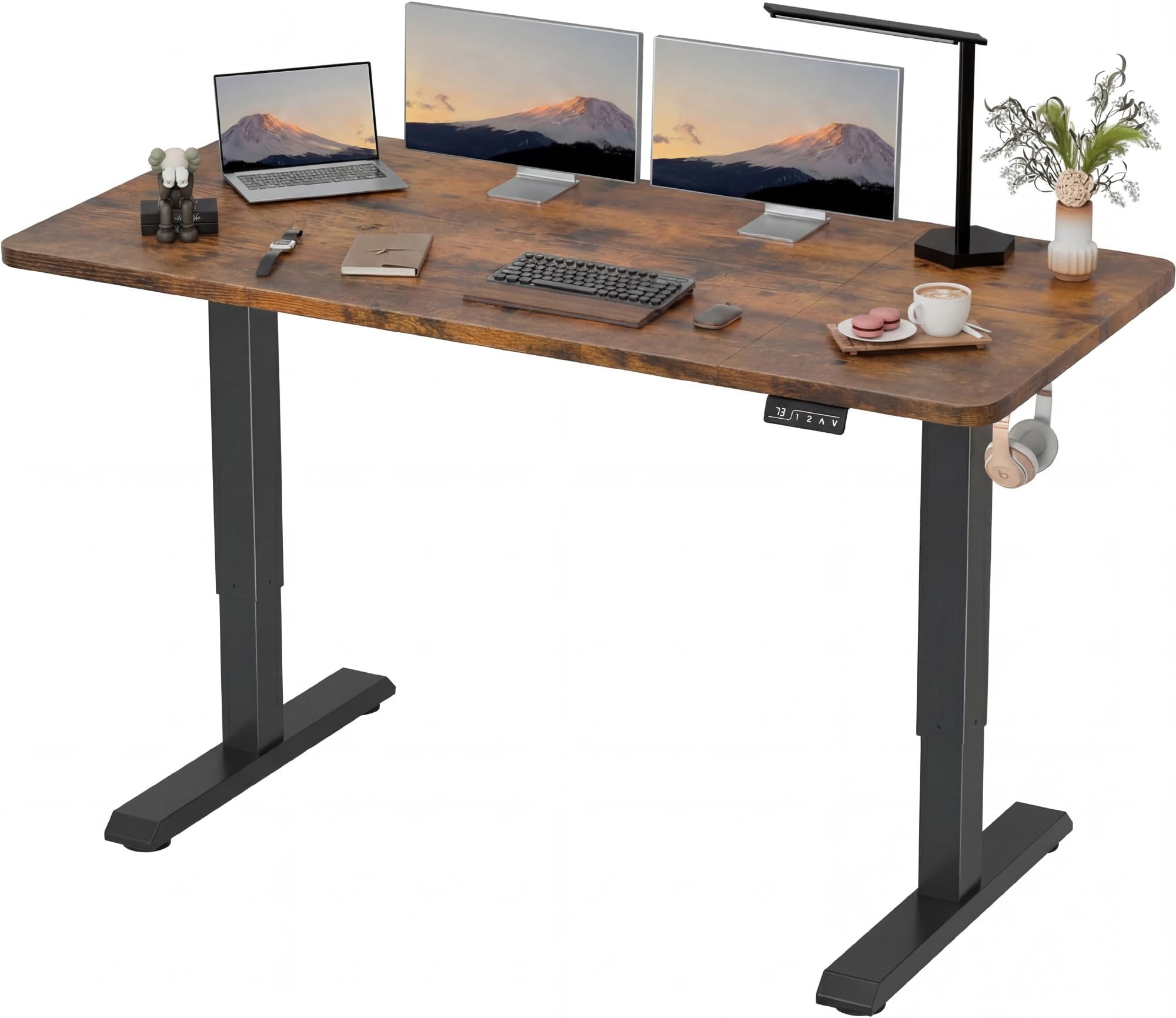 Furmax Electric Height Adjustable Standing Desk Large 63 x 24 Inches Sit Stand up Desk Home Office Computer Desk Memory Preset with T-Shaped Metal Bracket, Brown