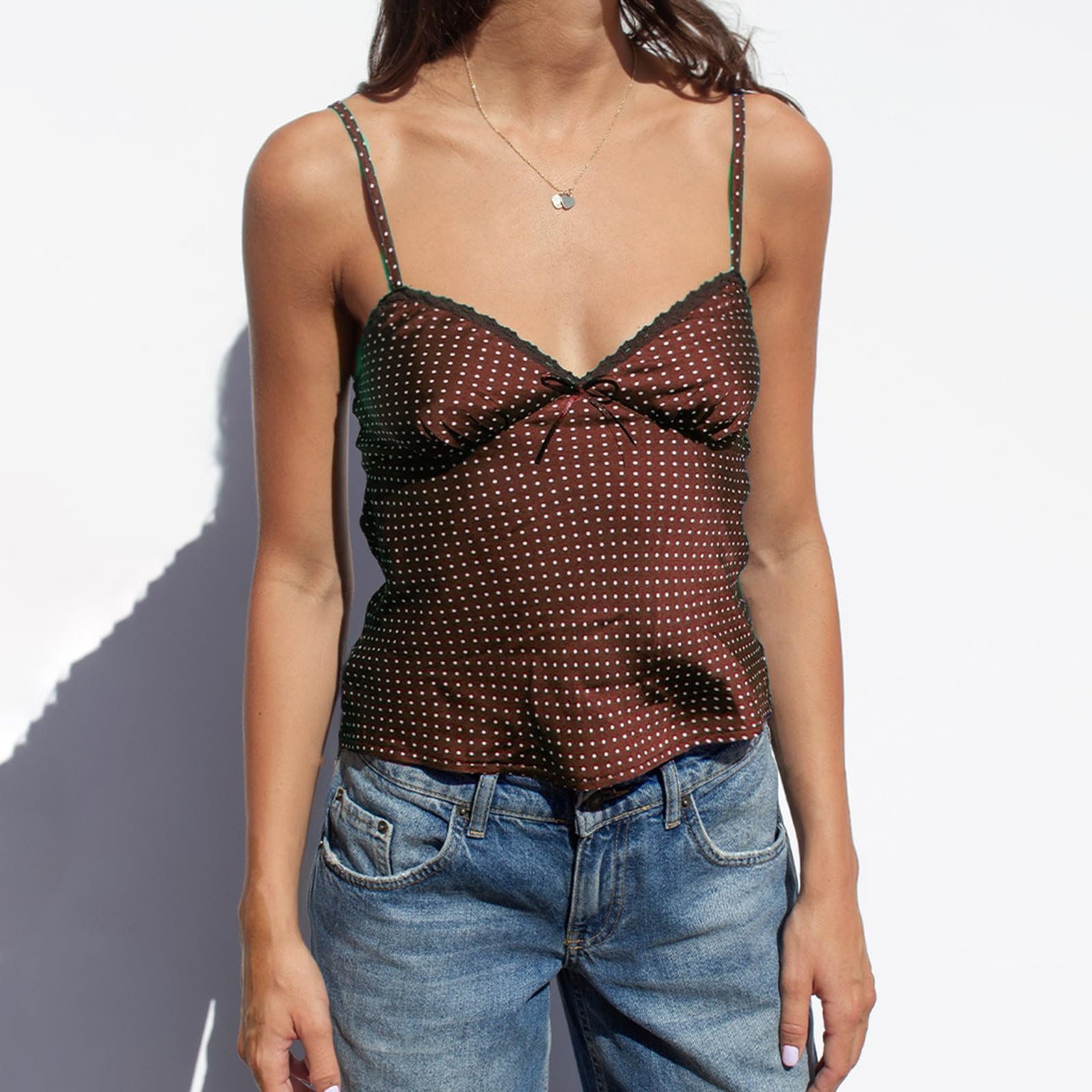 Sexy Outfit Top de Tirantes Y2K con Encaje de Lunares, Cuello en V, Correa de Espagueti, Ajustado, sin Mangas, para Verano, Casual, para Salir