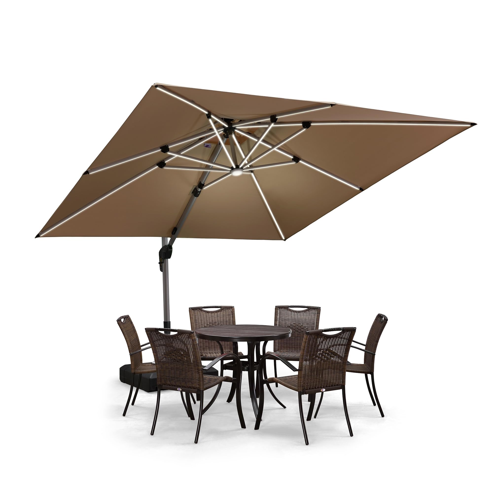 PURPLE LEAF Sombrilla Terraza Exterior 3 x 3 m con Led de Aluminio Parasol Terraza, Rotación de 360°, Sombrillas Jardin Grandes con Manivela y Protección UV 50+, Caqui