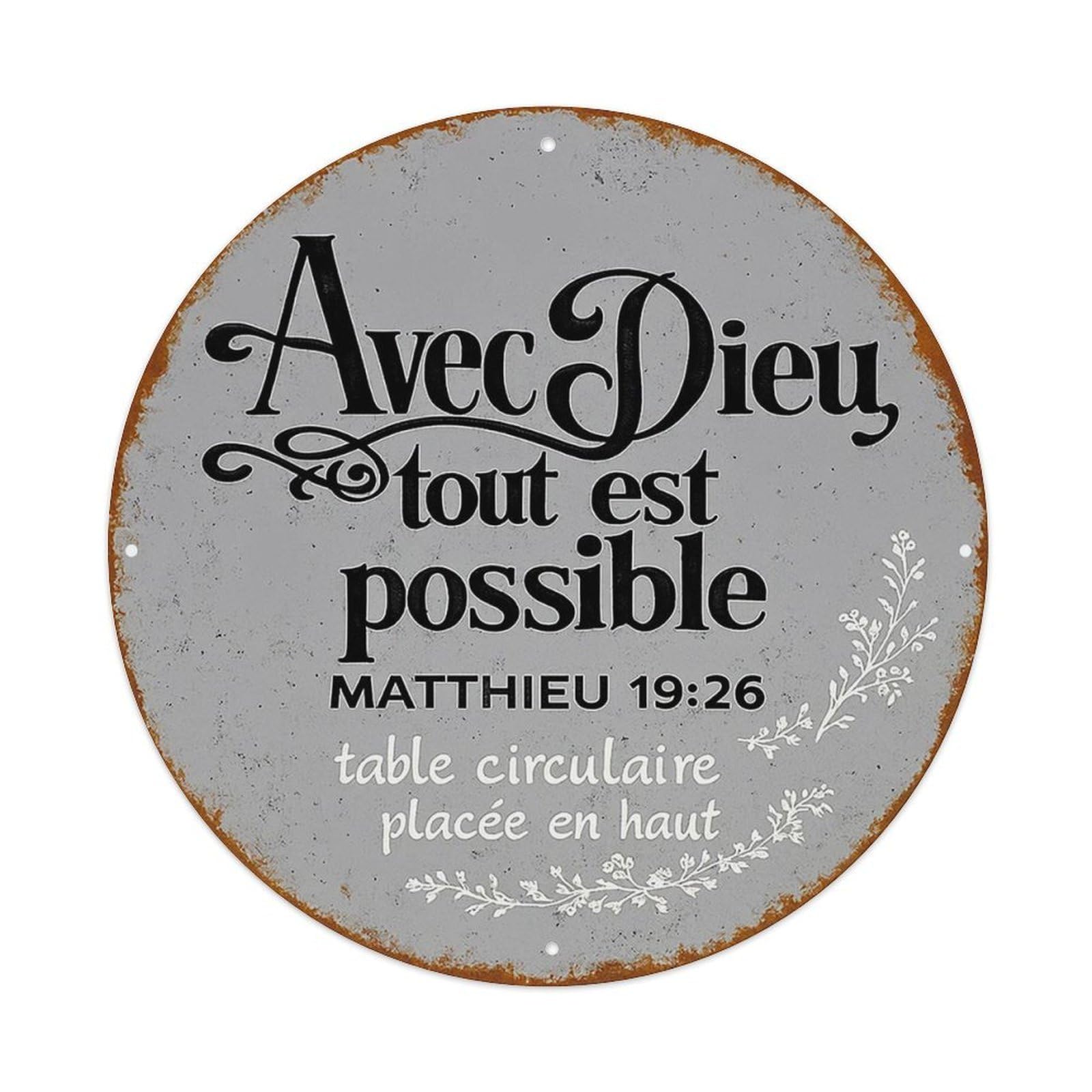 Avec Dieu Tout Est Possible Retro Metal Sign Round Tin Sign, Vintage Decor Art Poster for Bar, Home, Man Cave, Kitchen, Laundry Room Gift 8x8Inch