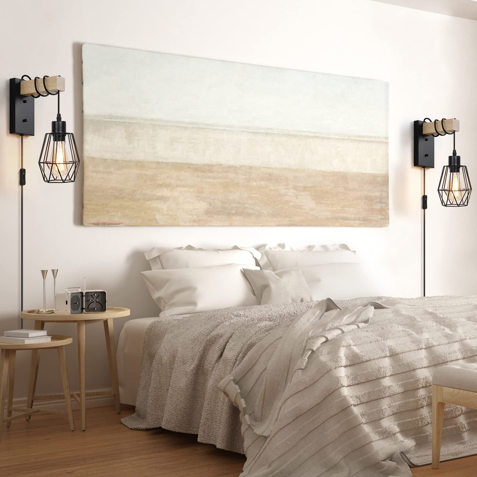 Wall Sconces, Wall Lamp with Plug in Cord Set of 2 with Metal Cage Lampshade, Solid Wood Wall Lights for Bedroom Living Room Reading Room Kitchen