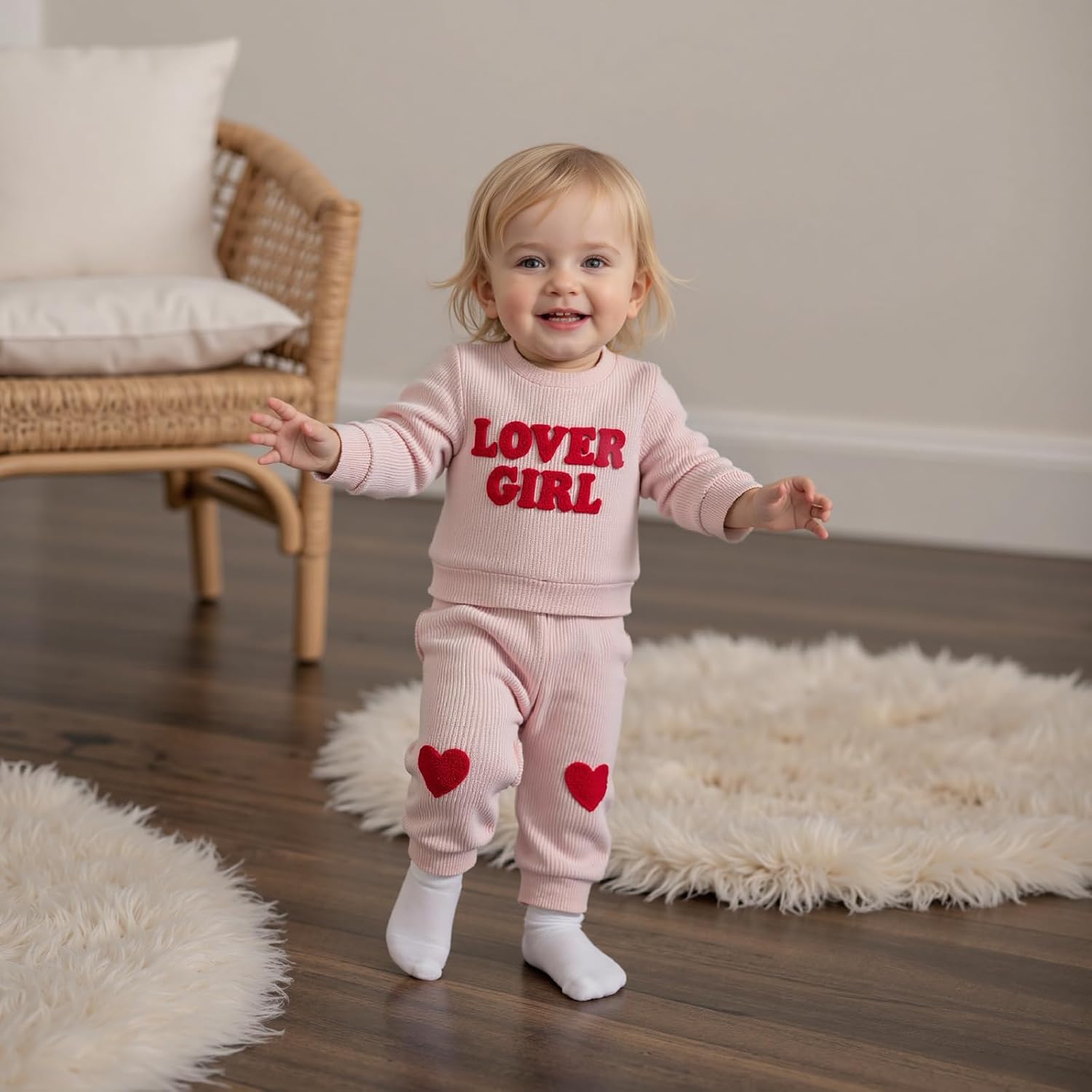 Karuedoo Toddler Baby Girl Valentines Day Outfits Lover Girl Embroidery Long Sleeve Waffle Knit Sweatshirt and Pants Set - Image 2