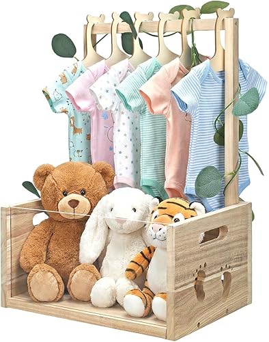 Miniatura 1 de Okydoky Wooden Baby Shower Crate Closet, Gift Basket with Handle, with Kids Clothes Hanger and Garland, Personalized Baby Shower Basket for Pregnant