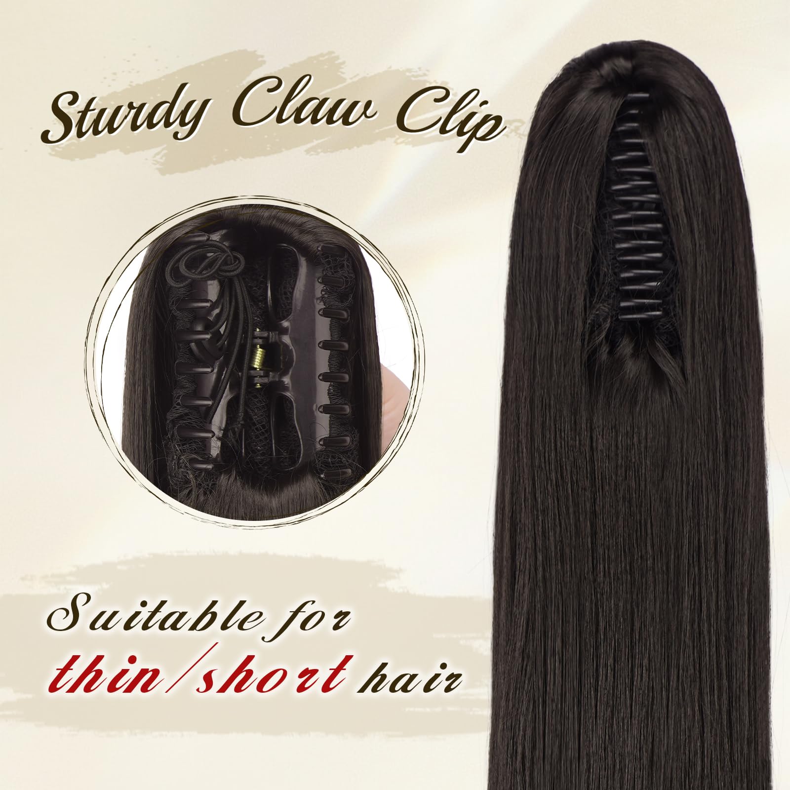 FESHFEN Coletas Postizas con Pinza - Coleta Postiza Pelo Natural Lisa Larga Ponytail Clip de Extensiones de Cabello Negro Marrón Sintético Cola Postizos para Mujeres, 63 cm