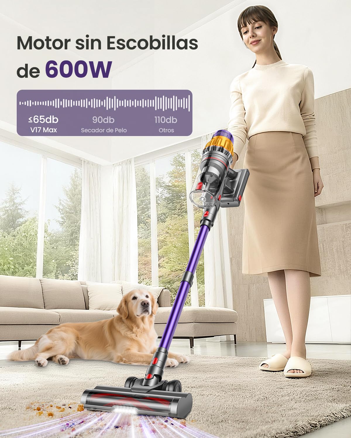 Aspiradora sin Cable con 2 Baterías, 150Min/55Kpa/600W, 2.0L Escoba Aspiradora Antienredos, Filtración de 11 Capas, Pantalla Táctil, Aspirador de Mano para Suelo/Alfombra/Pelos de Mascotas
