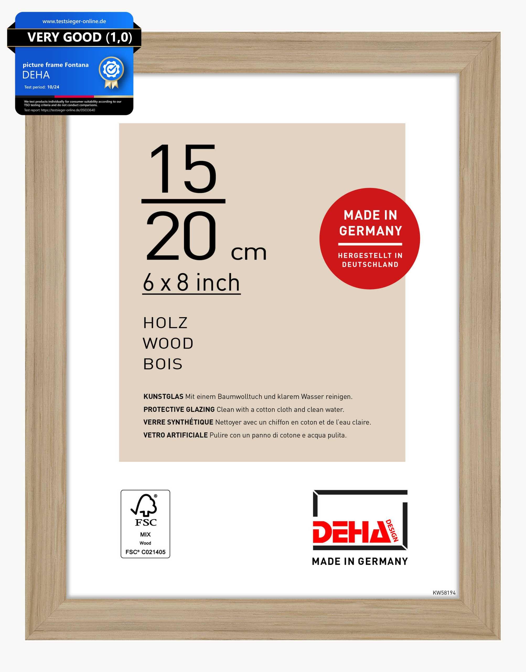 DEHA Design Fontana Wooden Picture Frame - 15x20 cm (6x8 in) – Oak - with Synthetic Glass and Push/Turn Clips